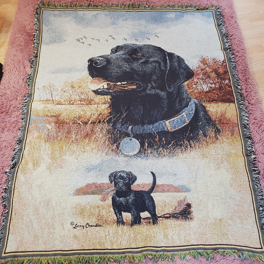 Vintage Larry Chandler Black Lab Hunting Dog Art Print Knit Blanket 52" x 66"
